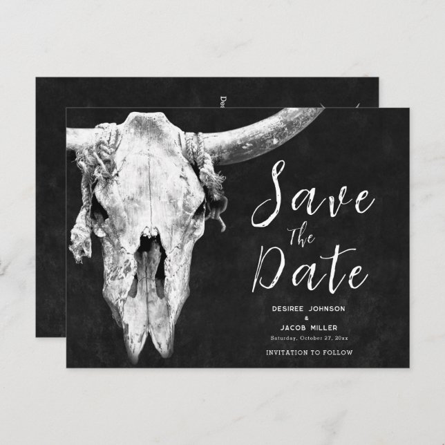 Rodeo Black And White Bull Skull Save The Date Invitation Postcard (Front/Back)