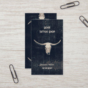 Rodeo Black Rustic Western Tattoo Shop Bull Skull Business Card