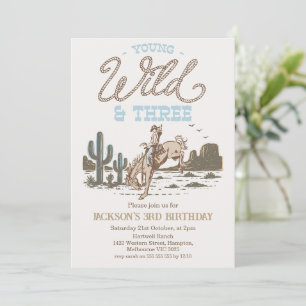 Rodeo Blue Brown Young Wild Three 3rd Birthday Invitation