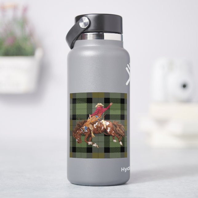Rodeo Bronco Busting Cowboy On Plaid (HydroFlask)