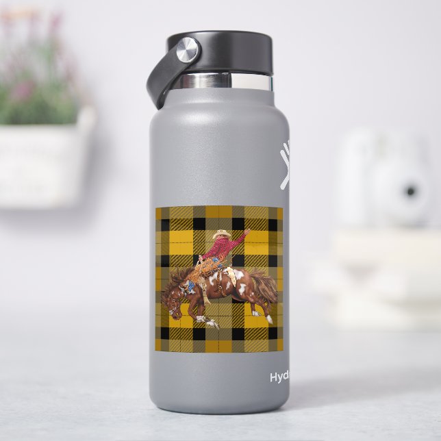 Rodeo Bronco Busting Cowboy On Plaid (HydroFlask)