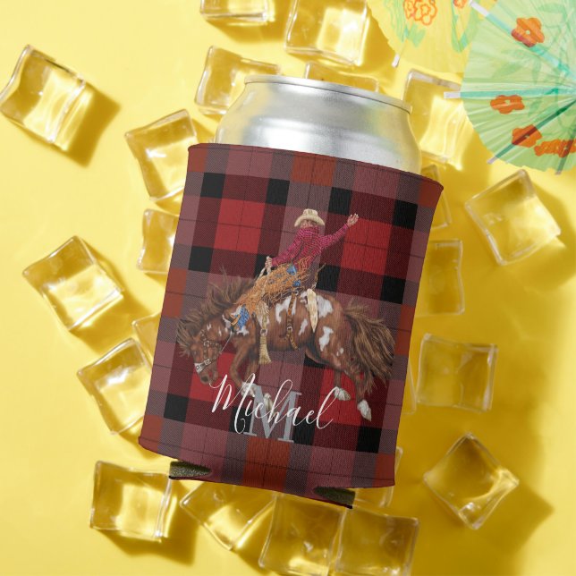 Rodeo Bronco Busting Cowboy On Plaid Can Cooler (In Situ Summer)