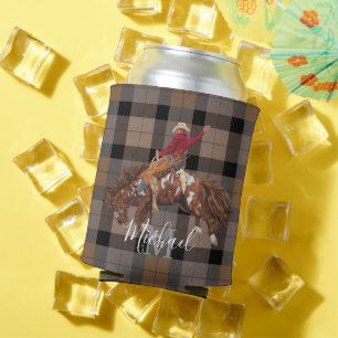 Rodeo Bronco Busting Cowboy On Plaid Can Cooler