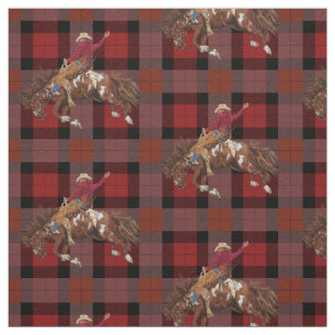 Rodeo Bronco Busting Cowboy On Plaid  Fabric