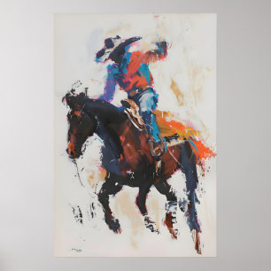 Rodeo Bronco Rider Art Print, Colorful Cowboy Wall Poster