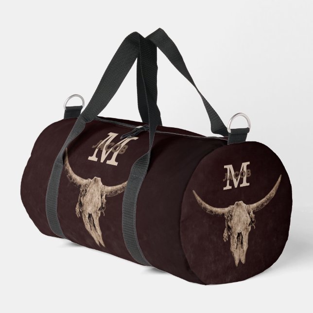 Rodeo Brown Western Bull Skull Monogram Country Duffle Bag (Left Corner)