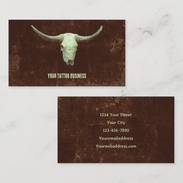 Rodeo Brown Western Rustic Tattoo Shop Bull Skull Business Card (Front/Back)
