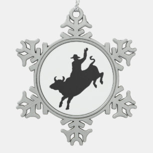 Rodeo Bull Ride silhouette Snowflake Pewter Christmas Ornament