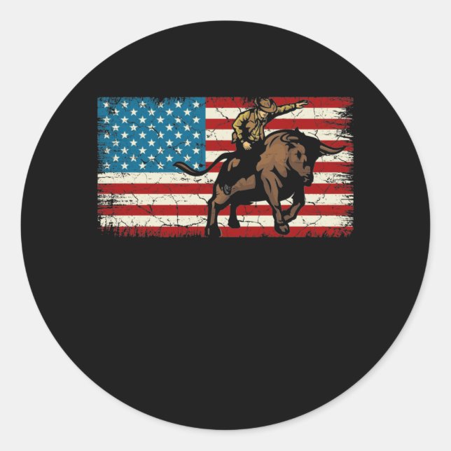 Rodeo Bull Rider Patriotic American Flag Cowboys Classic Round Sticker (Front)