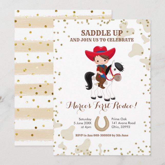 Rodeo cowboy brown hair boy birthday Invitation (Front/Back)