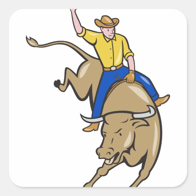 Rodeo Cowboy Bull Riding Cartoon Square Sticker (Front)