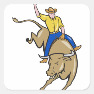 Rodeo Cowboy Bull Riding Cartoon Square Sticker