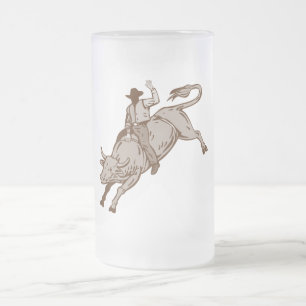 Rodeo cowboy bull riding frosted glass beer mug