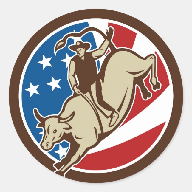 Rodeo cowboy bull riding with stars and stripes classic round sticker (Front)
