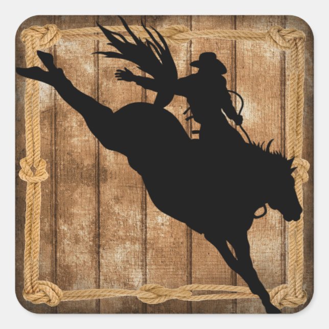 Rodeo Cowboy Horse Bronco Silhouette Square Sticker (Front)