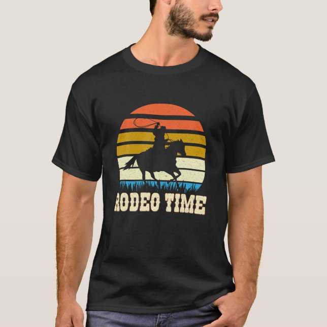 Rodeo Cowboy Lasso Boots Horse Ranch Retro Sunset T-Shirt (Front)