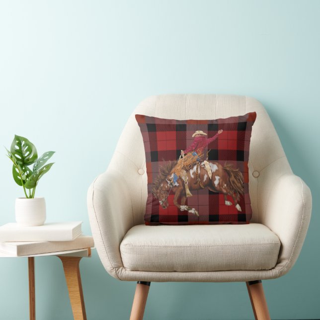 Rodeo Cowboy on Bucking Bronco Plaid Throw Pillow (Chair)