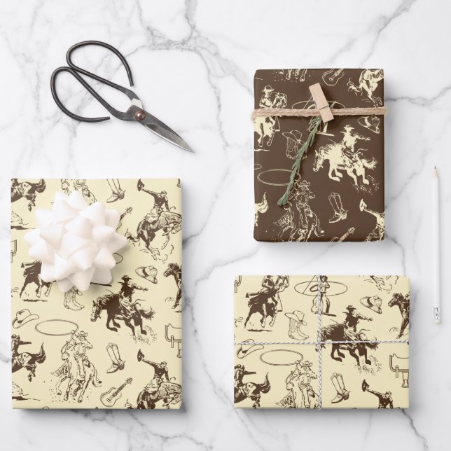 Rodeo Cowboy Western Horses Pattern Wrapping Paper Sheet (Front)