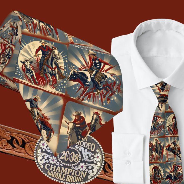 Rodeo Cowboys Roping Bull and Bronc Riding Steer W Tie (Western Rodeo Events Cowboys Bull Riding Bronc Riding Calf Roping Steer Wrestling Men's Necktie)