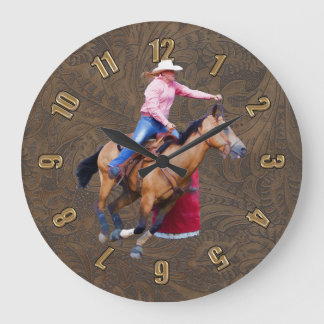 Rodeo Cowgirl Barrel-Racing Faux Leather Clock
