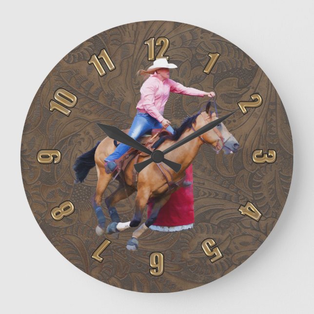 Rodeo Cowgirl Barrel-Racing Faux Leather Clock (Front)