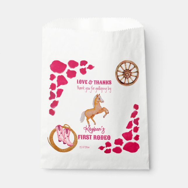 Rodeo cowgirl birthday pink cow pattern pony  favour bags (Front)