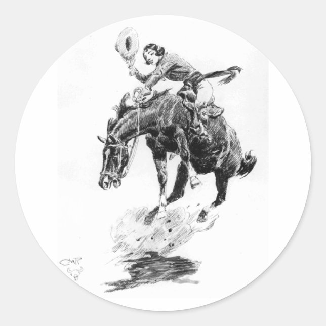 Rodeo Cowgirl (by C.M. Russell) Classic Round Sticker (Front)
