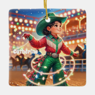 Rodeo Cowgirl Kid Twirling Christmas Lights Ceramic Ornament