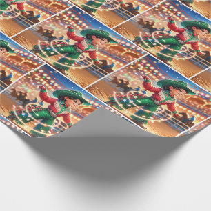 Rodeo Cowgirl Kid Twirling Christmas Lights Wrapping Paper