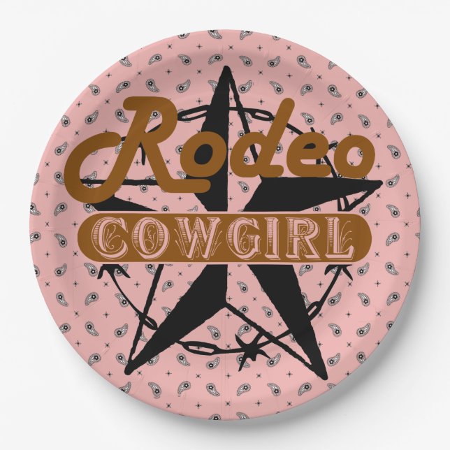 Rodeo Cowgirl Pink Bandanna Star Barbed Wire Paper Plate (Front)