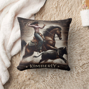 Rodeo Cowgirl Roping a Bull at Sunset Cushion