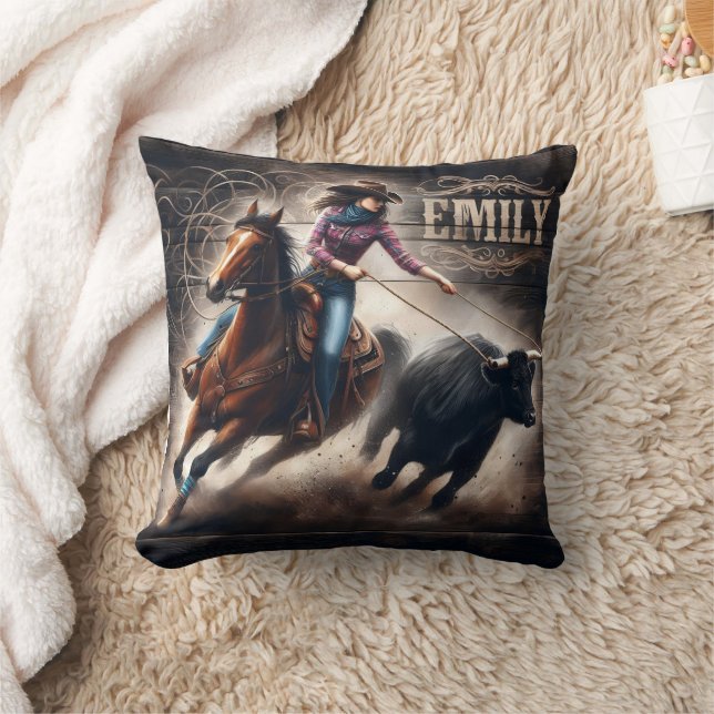 Rodeo Cowgirl Roping a Calf at Sunset Cushion (Blanket)