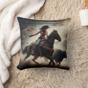 Rodeo Cowgirl Roping Bull in Dusty Arena Cushion