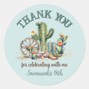 Rodeo Cowgirl Up Floral Cactus Thank You Classic Round Sticker