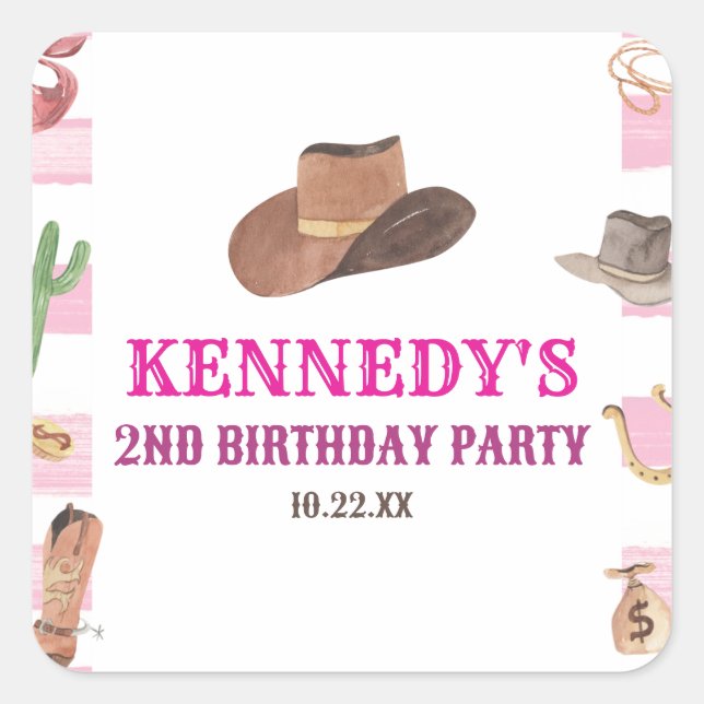 Rodeo Cowgirl Western Wild West Birthday Party Square Sticker (Front)