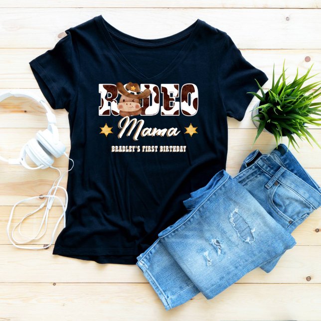Rodeo Mama Cowboy cow pattern  birthday matching T-Shirt (Rodeo mama cowboy western first rodeo birthday party matching family photoshoot shirt)