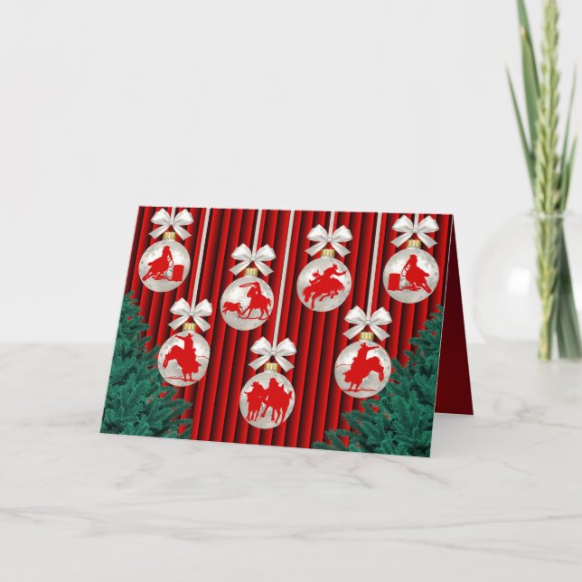 Rodeo Ornaments On Red Holiday Greeting Card (Front)