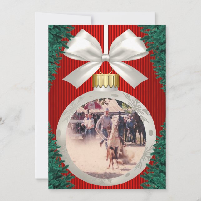 Rodeo Ornaments On Red Holiday Photo Card (Front)