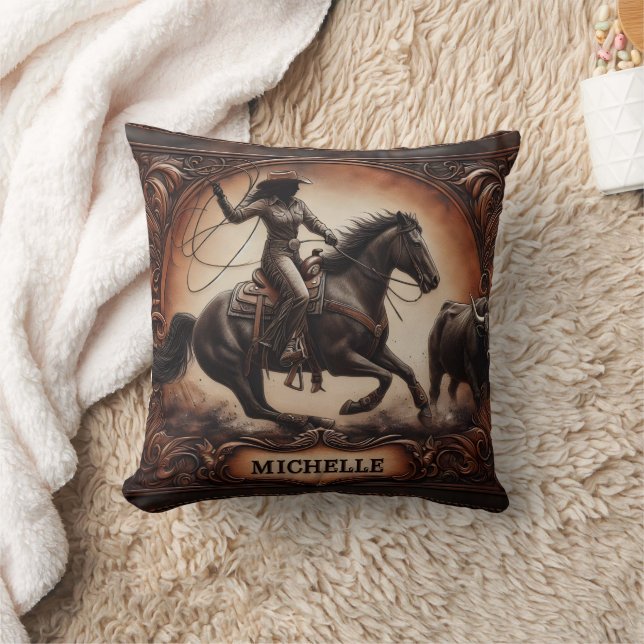 Rodeo Performance With Cowgirl and Horse Cushion (Blanket)