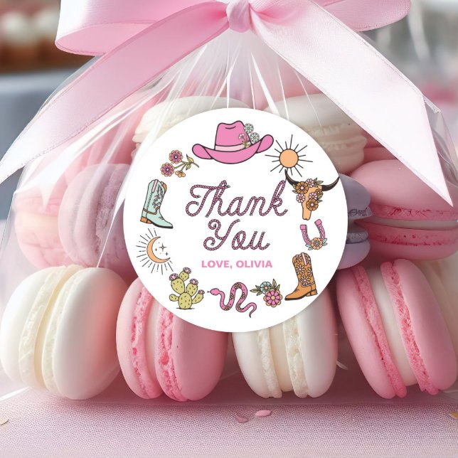 Rodeo Pink Western Cowboy Birthday Thank You Classic Round Sticker (Creator Uploaded)