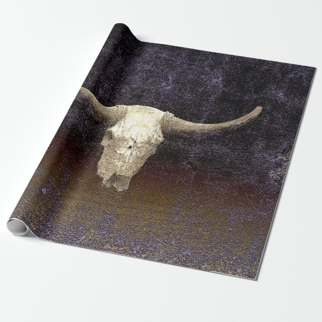 Rodeo Purple Brown Art Texture Rustic Bull Skull Wrapping Paper (Unrolled)