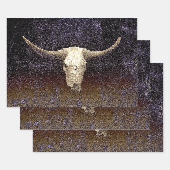 Rodeo Purple Brown Art Texture Rustic Bull Skull Wrapping Paper Sheet (Set)
