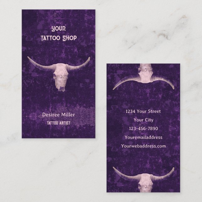 Rodeo Purple Western Tattoo Shop Rustic Bull Skull Business Card (Front/Back)