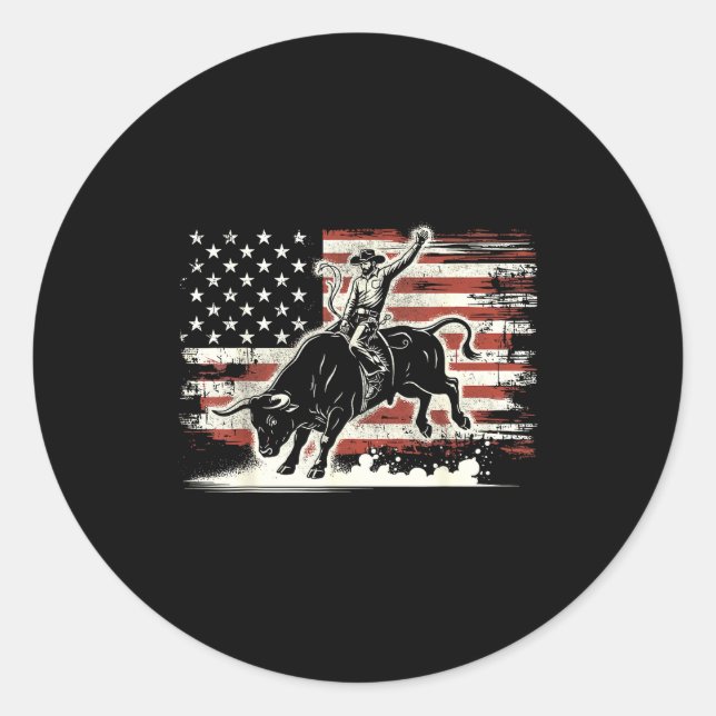 Rodeo Rider Bull Patriotic Cowboy Usa Flag  Classic Round Sticker (Front)