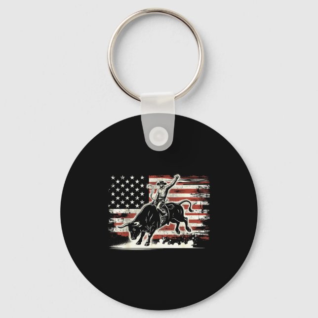 Rodeo Rider Bull Patriotic Cowboy Usa Flag  Key Ring (Front)