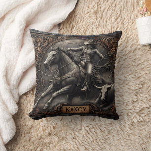 Rodeo Rider Competing With Steer at Sunset Cushion