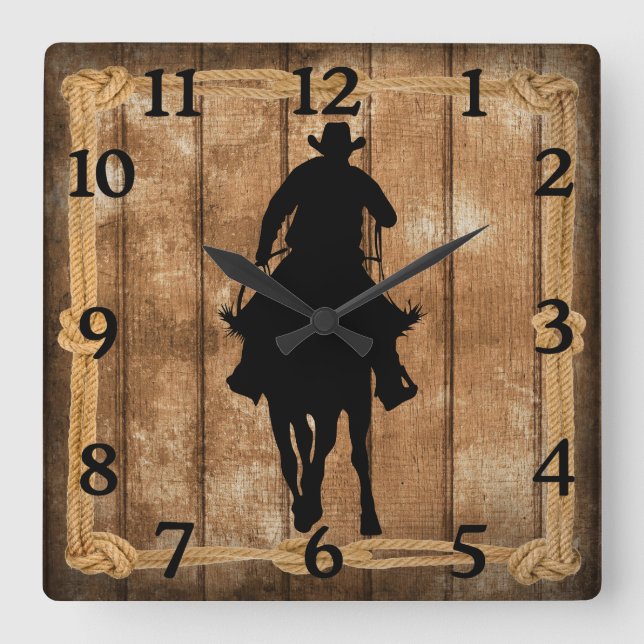 Rodeo Roping Cowboy Horse Silhouette Square Wall Clock (Front)