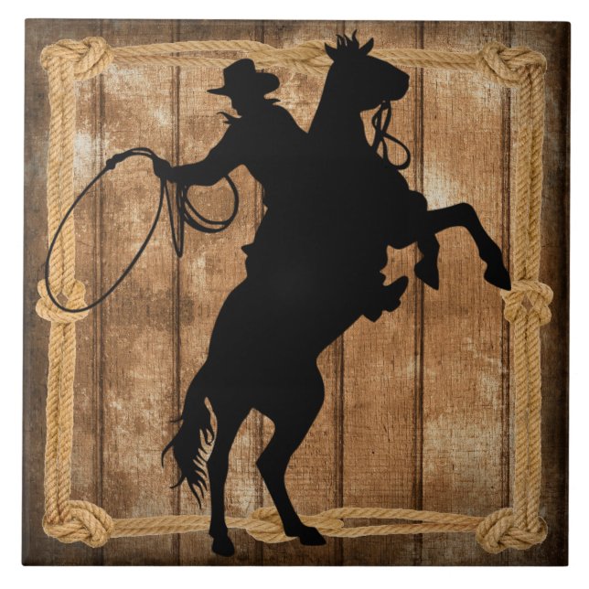 Rodeo Roping Cowboy Horse Silhouette Tile (Front)