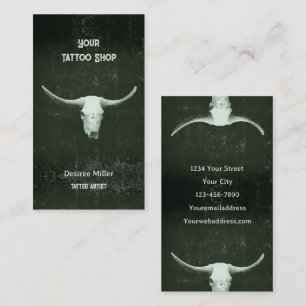 Rodeo Rustic Dark Green Tattoo Shop Bull Skull Business Card