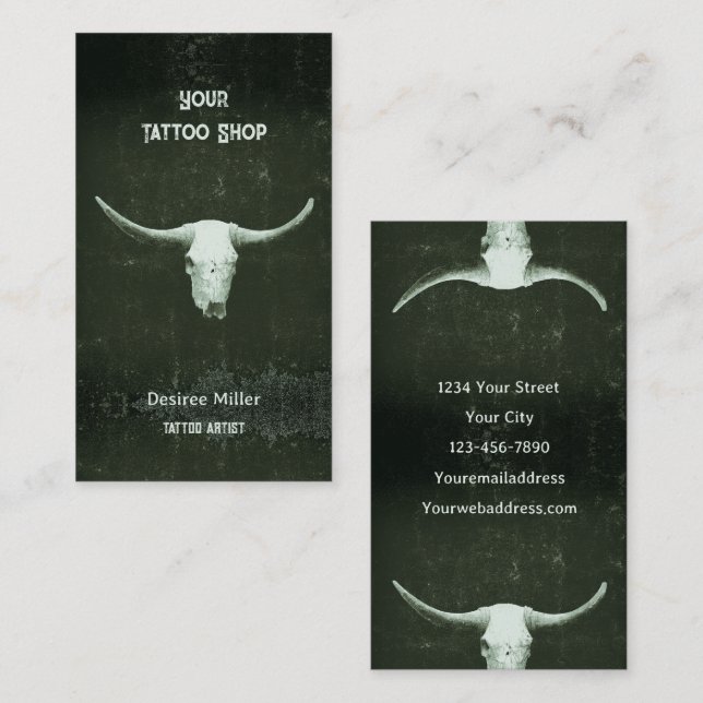 Rodeo Rustic Dark Green Tattoo Shop Bull Skull Business Card (Front/Back)